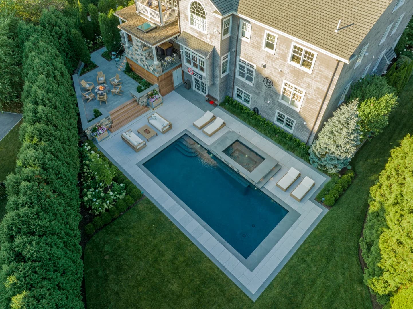 Aerial view after Redwood luxury outdoor living transformation